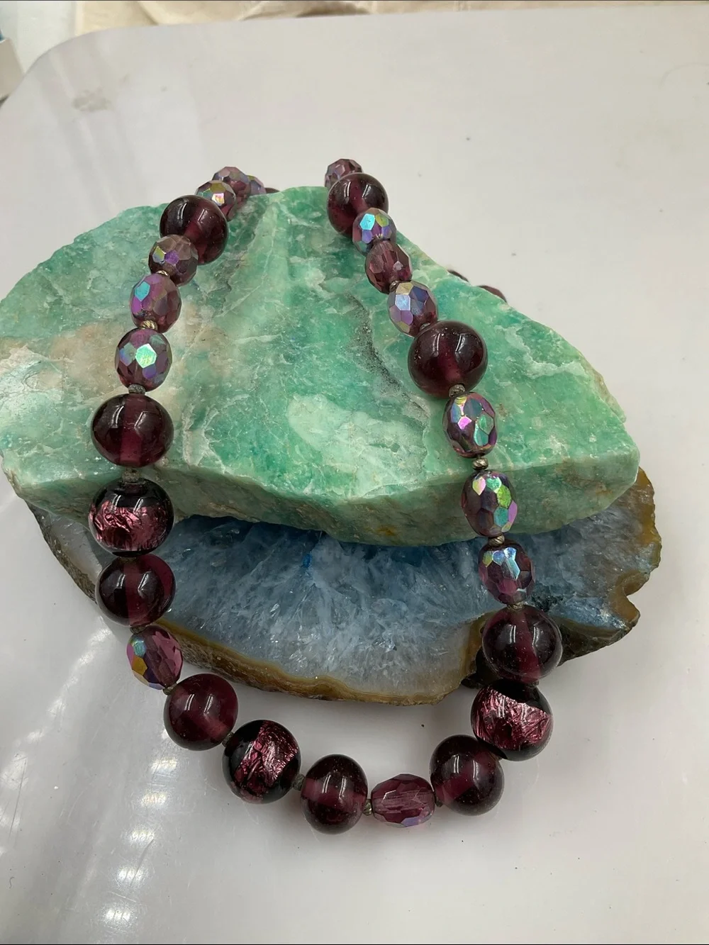 16”Deep Purple Round Amethyst Beaded Necklace Gemstones, Faceted Aurora Borealis